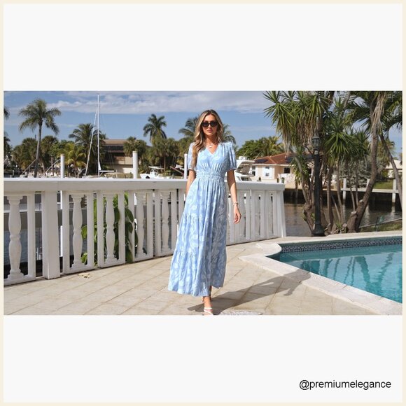 Boho Flowy Maxi Dress V-Neck Short Sleeves Elastic Waist Pockets - Picture 7 of 7